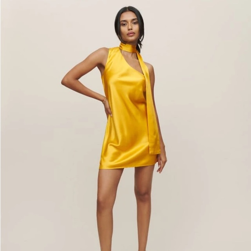 Reformation Keagan yellow one shouldered silk dress